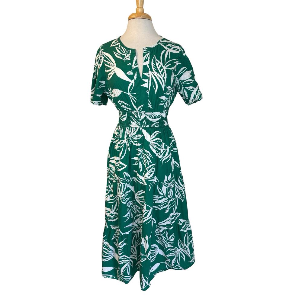 Meadow Rhodes Green Leaf Print Midi Dress with Belt